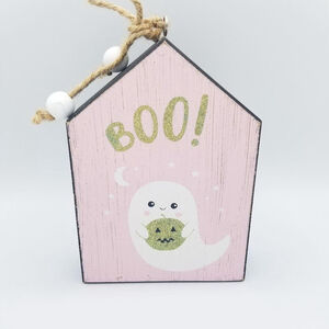 Pink Halloween Wall Plaque Ghost Boo Gold Glitter Pumpkin Decor NWOT